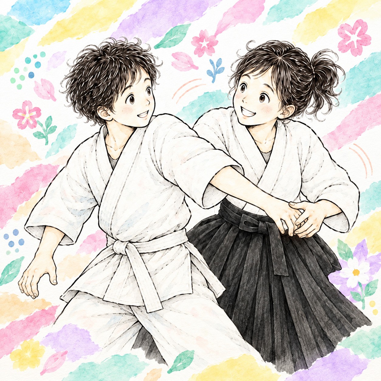 道着と袴を着て、笑いながら一緒に稽古している二人のイラスト